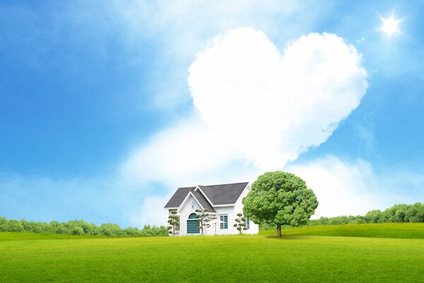 Nube en forma de corazón sobre una casa solitaria