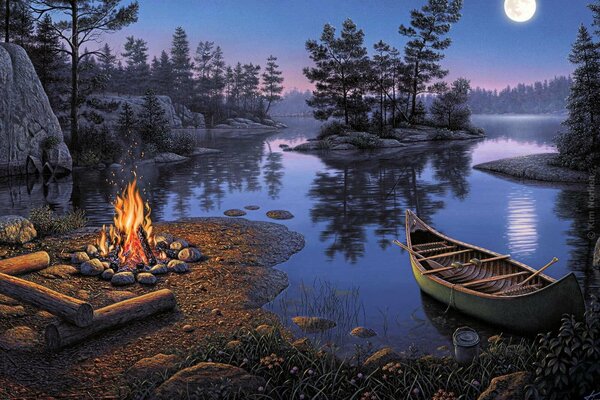 Relaxing by the lake in the moonlight by the campfire