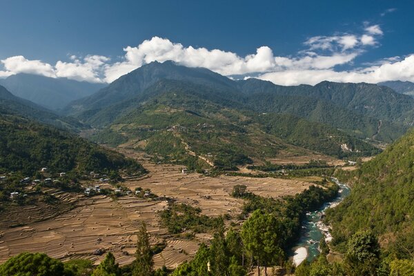 Fields and mountains . view from afar