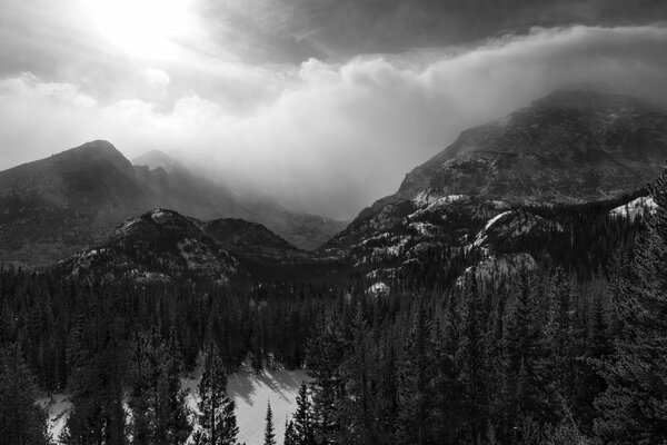 Schwarze und weiße Berge und Wälder unter Wolken