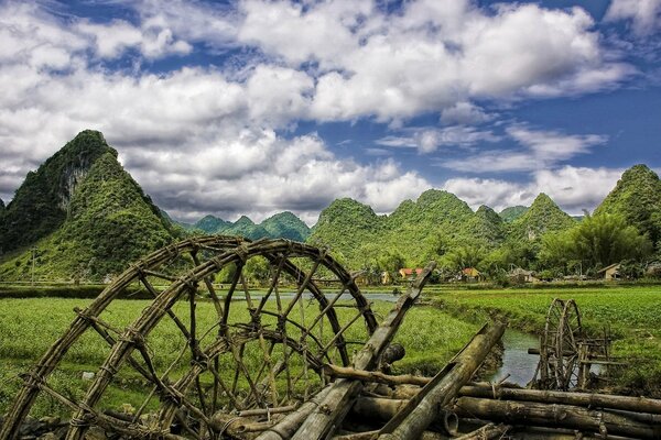 A village in a green mountainous area