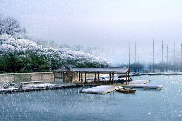 A snow-covered river pier during a blizzard