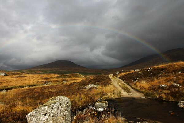 A rainbow is like a smiley face in a gray sky