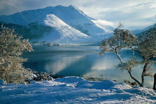 Winter river, snow-capped mountains