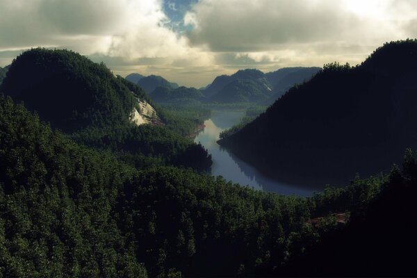 Dense forest hills above the river