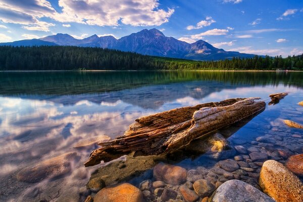 Le nuvole si riflettono nel lago di montagna