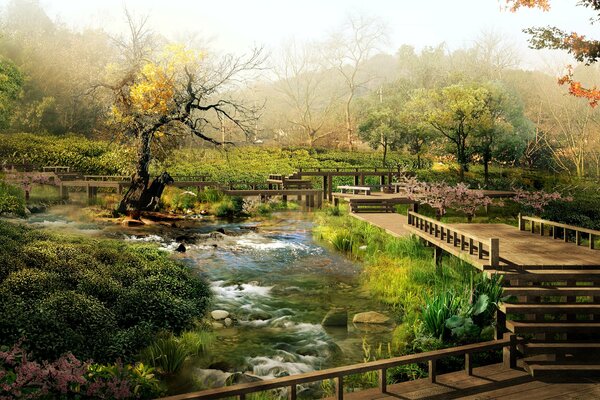 Bridges by the stream in the garden