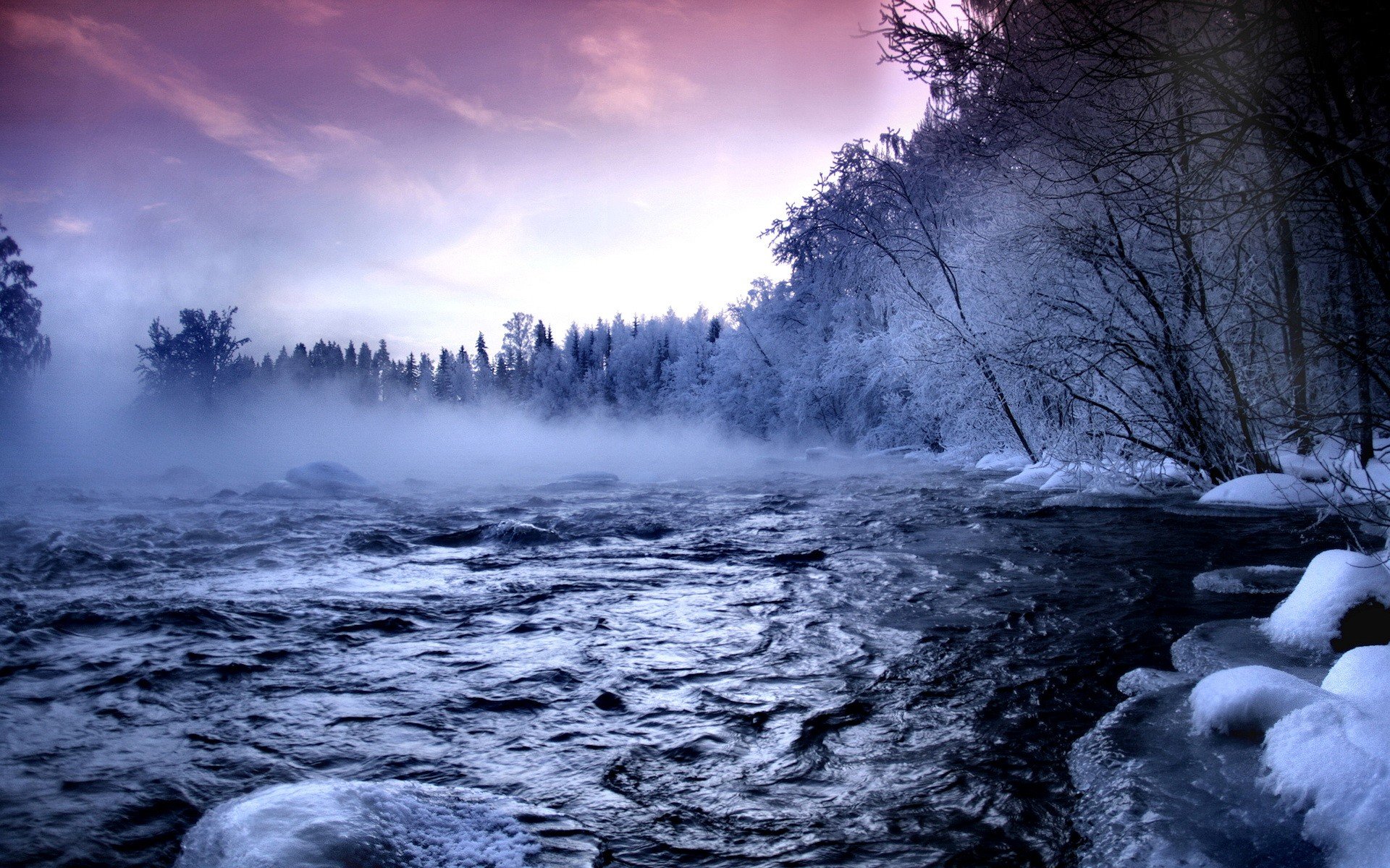 winter river snow pair