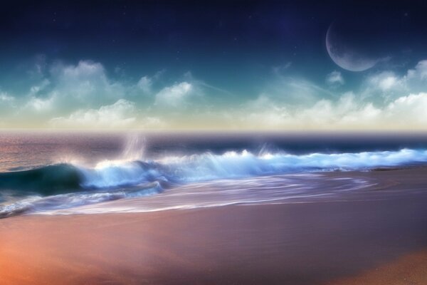 Image fantastique du surf nocturne sous la lune géante