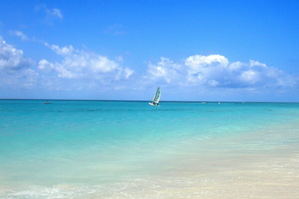 Pequeña vela en el horizonte del mar azul