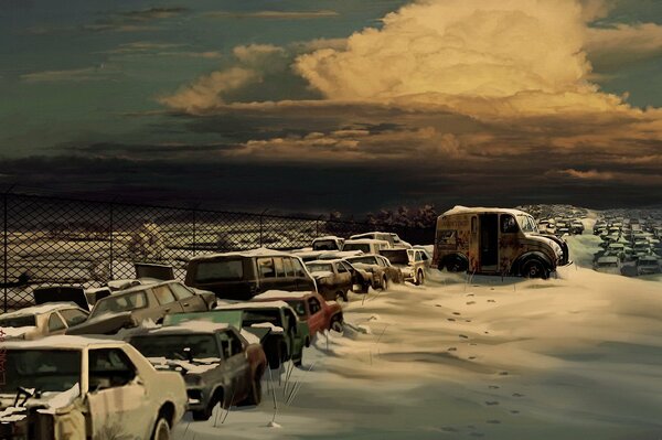 Dump cars at sunset on a winter evening