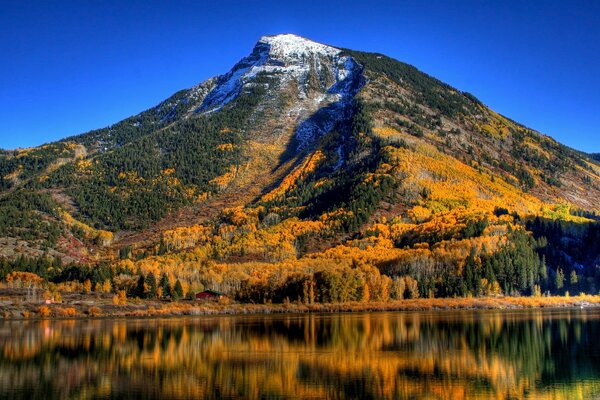 Montaña con árboles de otoño: reflejo en el agua