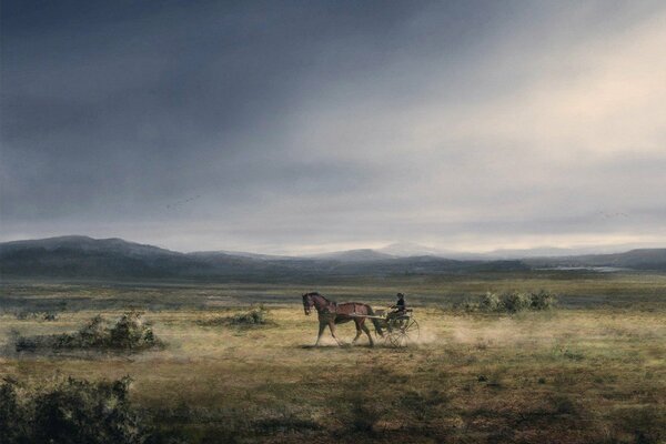 Un caballo lleva un carro a través de la llanura puesta de sol ilumina el lago