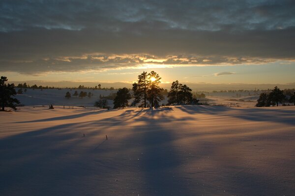 Sunset, winter snowy expanses