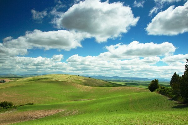 Colline verdi sotto nuvole bianche come la neve