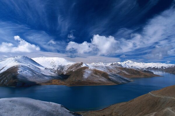 Snow-white mountain tops with a river