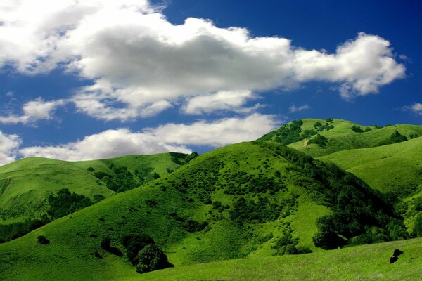 Пушистые облака над зелёными холмами