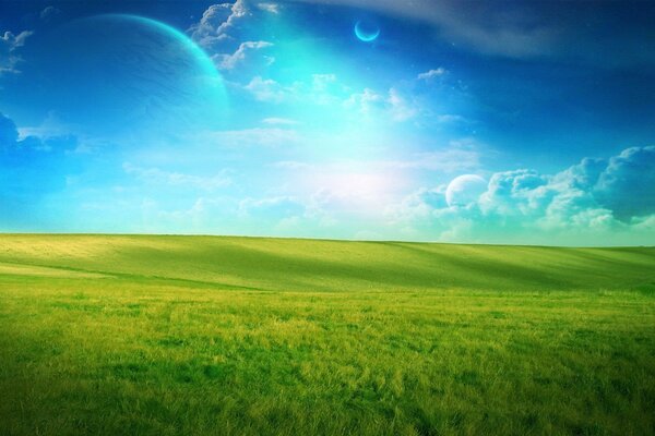 Green planet and blue sky