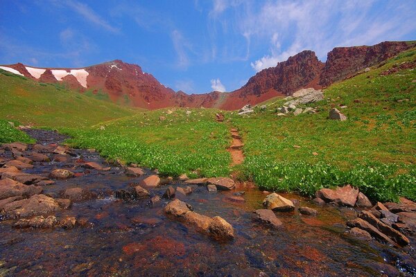 A stream on the background of mountains