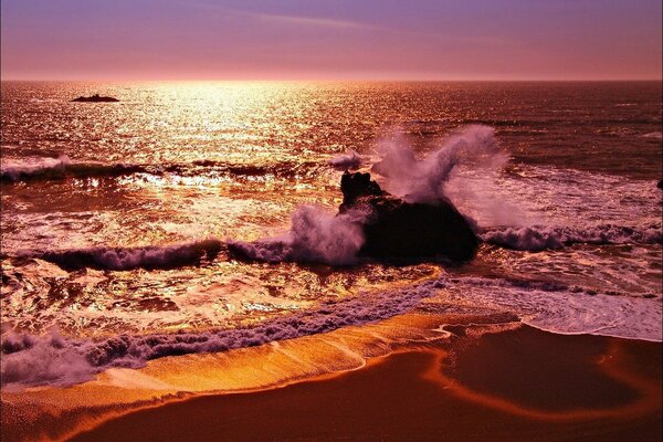 Fale morskie na brzegu o zachodzie słońca