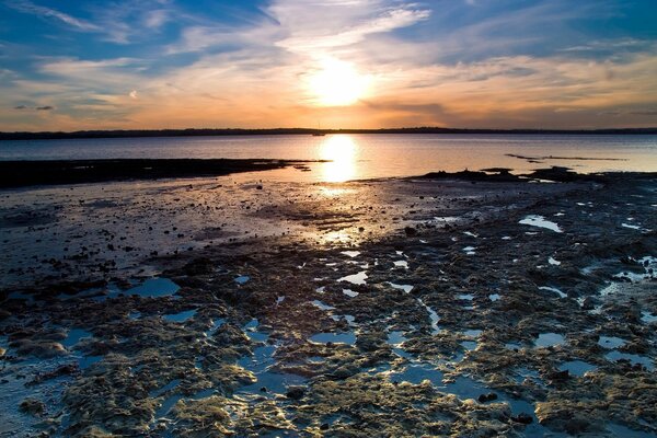 Riva argillosa del fiume al tramonto