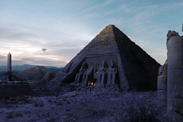 Pyramide égyptienne et dirigeable dans le ciel