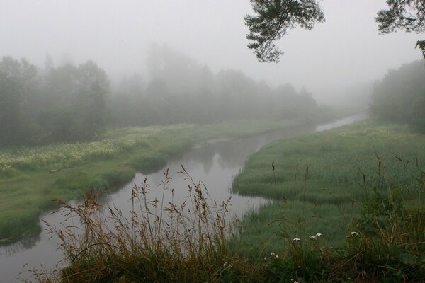 Landschaft mit Fluss und Nebel