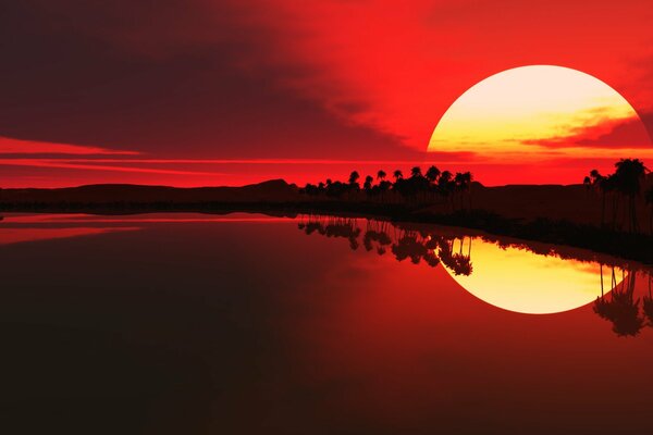 Red sunset with solar reflection