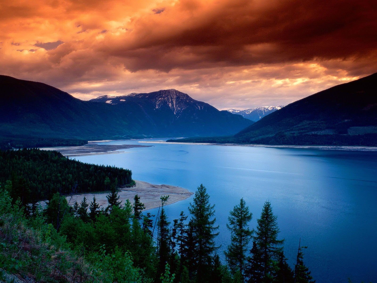 clouds river tree mountain