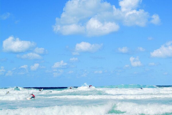 Gli amanti del surf sono visibili sulla cresta dell onda del mare