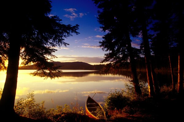 Barca sul lago tra gli alberi e bel tramonto