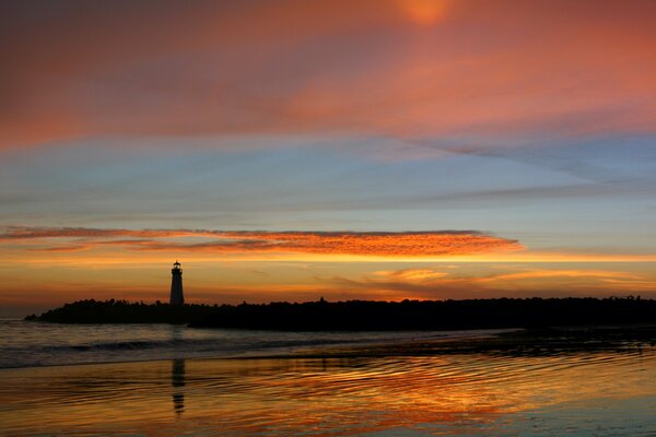 Reflection of the lighthouse and sunset in the lake