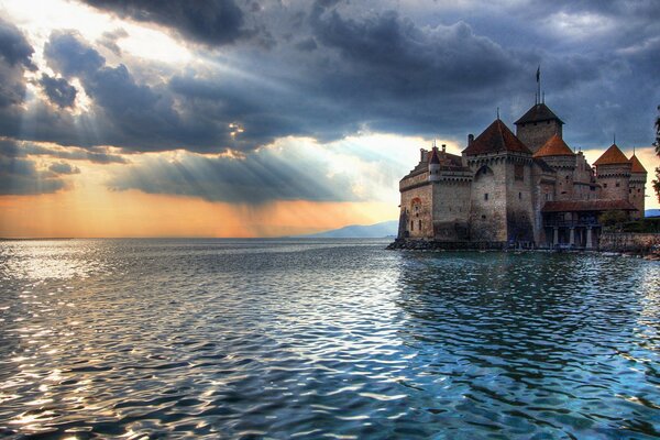 Castle on the water. background. sky