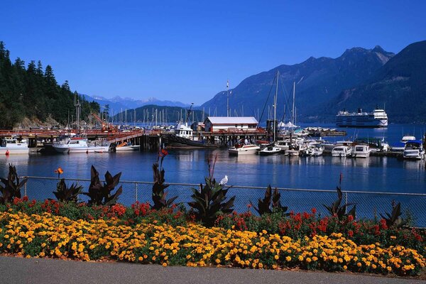 Quai avec des fleurs dans le port au bord de la mer