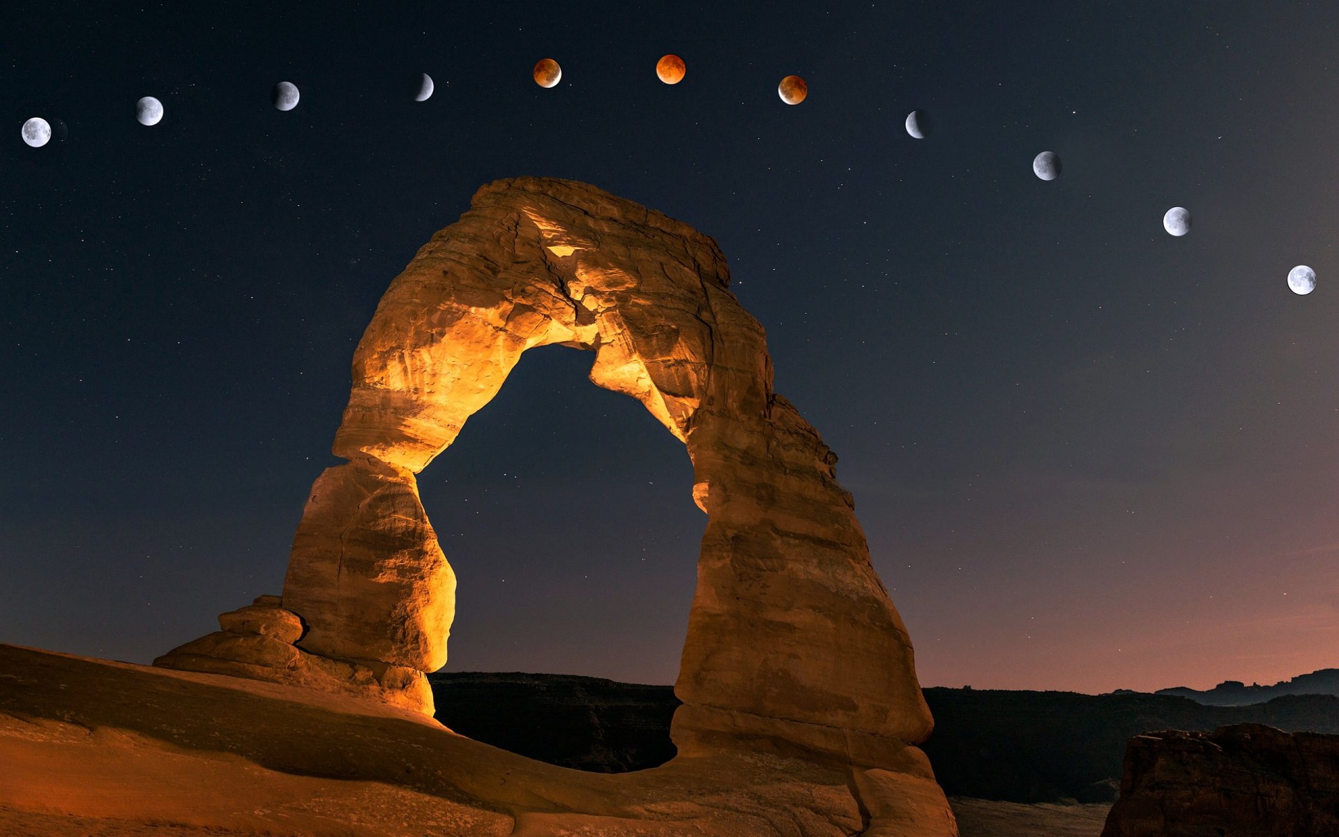 canyon arche race lumière ciel lune étoiles