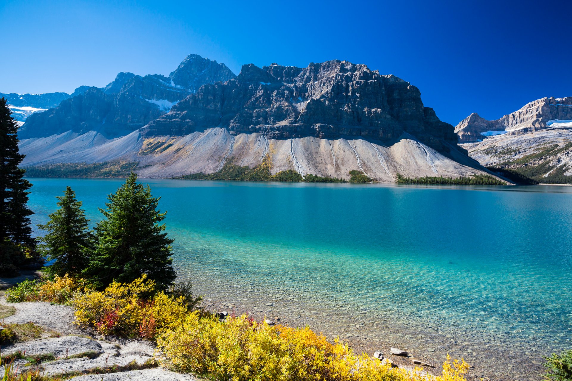 arco lago alberta canadá montañas árboles lago otoño