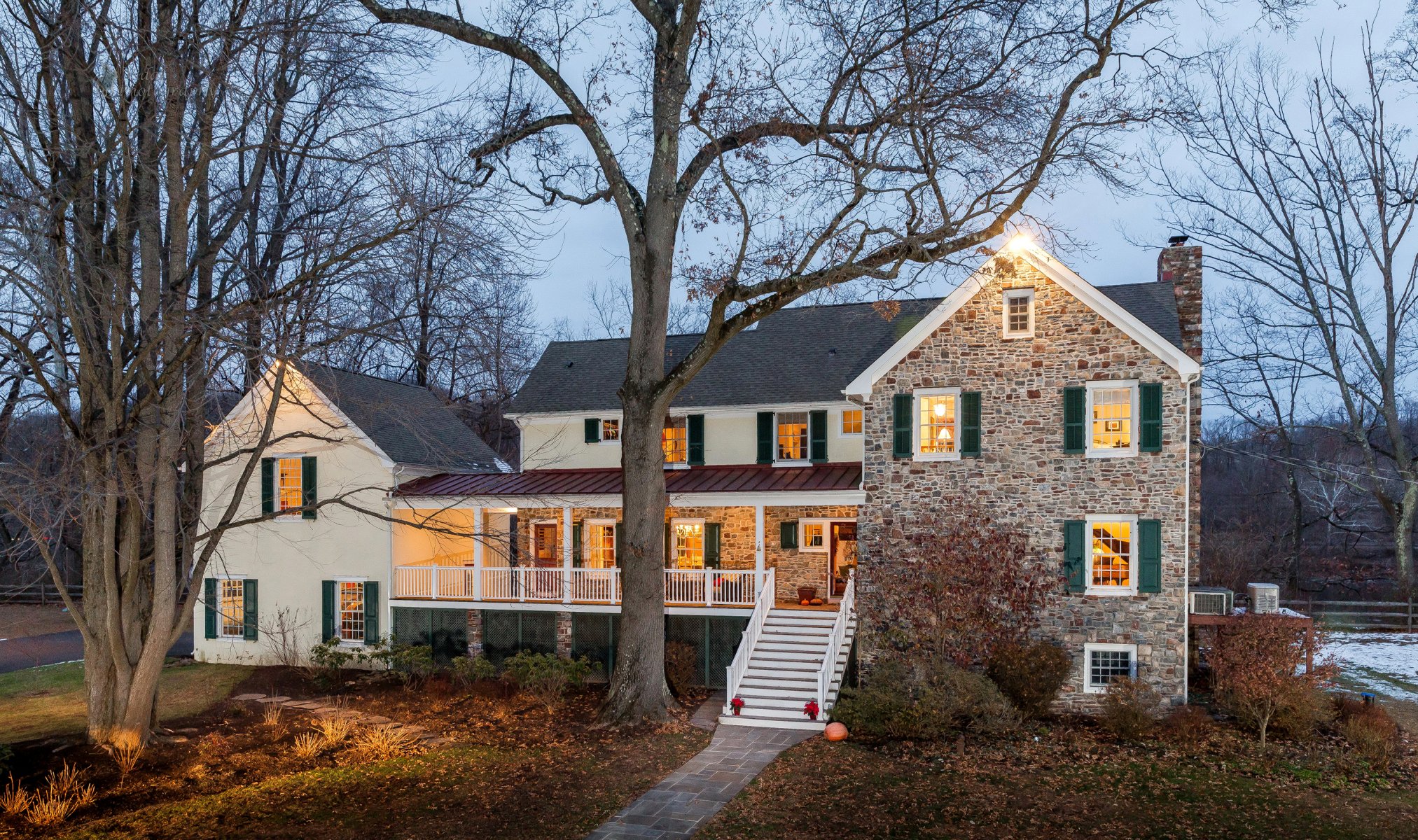 autumn house mansion trees bushes leaves path stairs evening lights plot fence snow forest