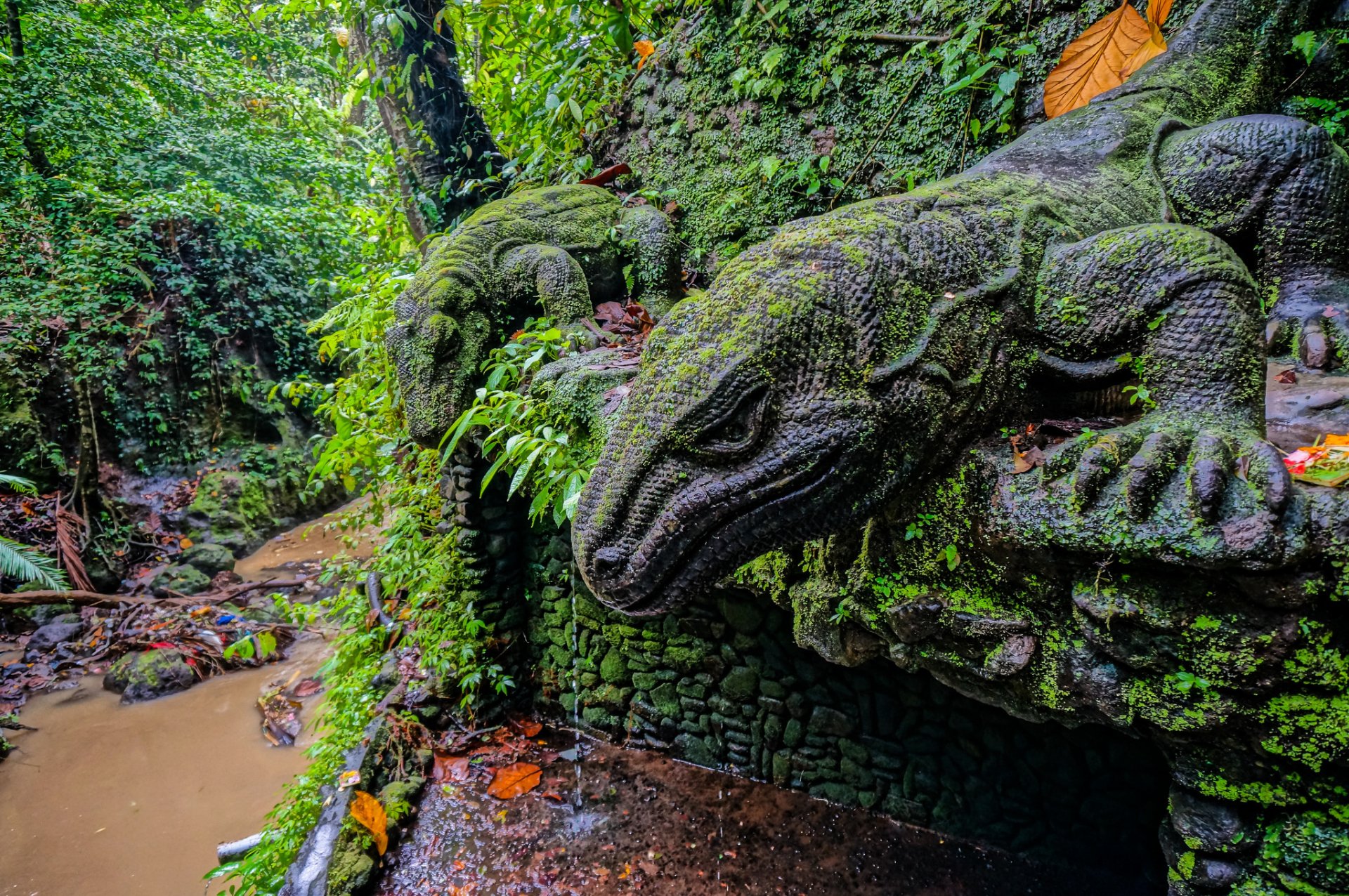 ubud monkey forest ubud bali indonesia statua del drago di komodo foresta delle scimmie riserva naturale statue foresta fiume