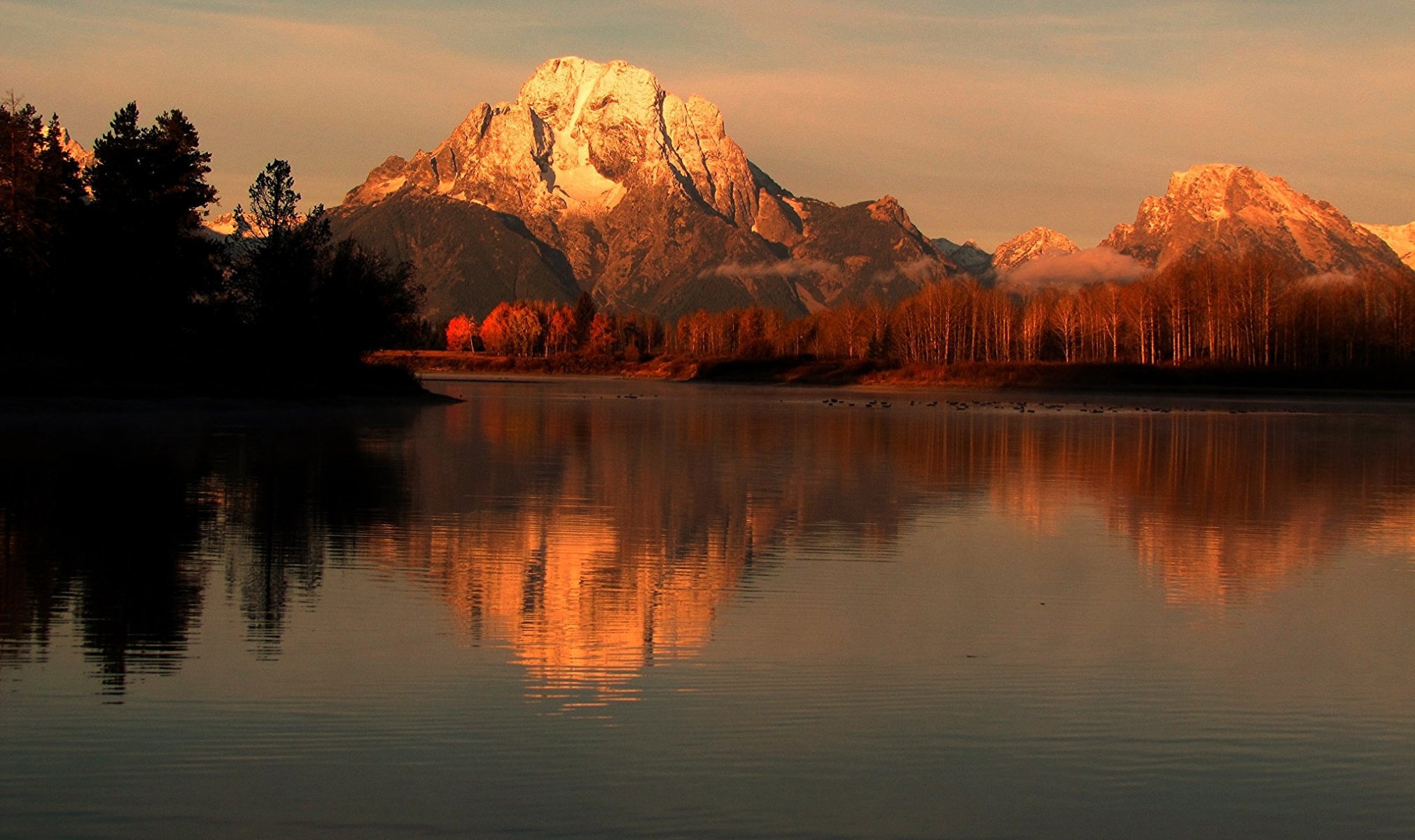 grand teton nationalpark wyoming usa berge see fluss reflexion bäume herbst himmel sonnenuntergang