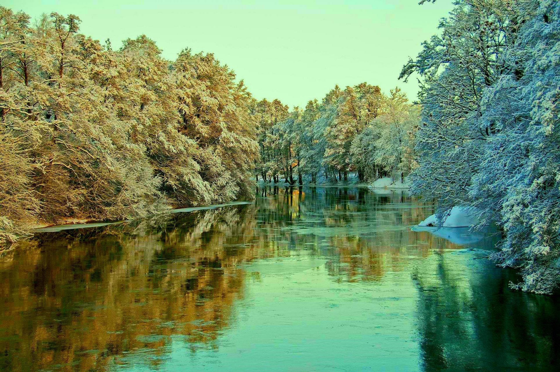 cielo río árboles nieve escarcha paisaje invierno