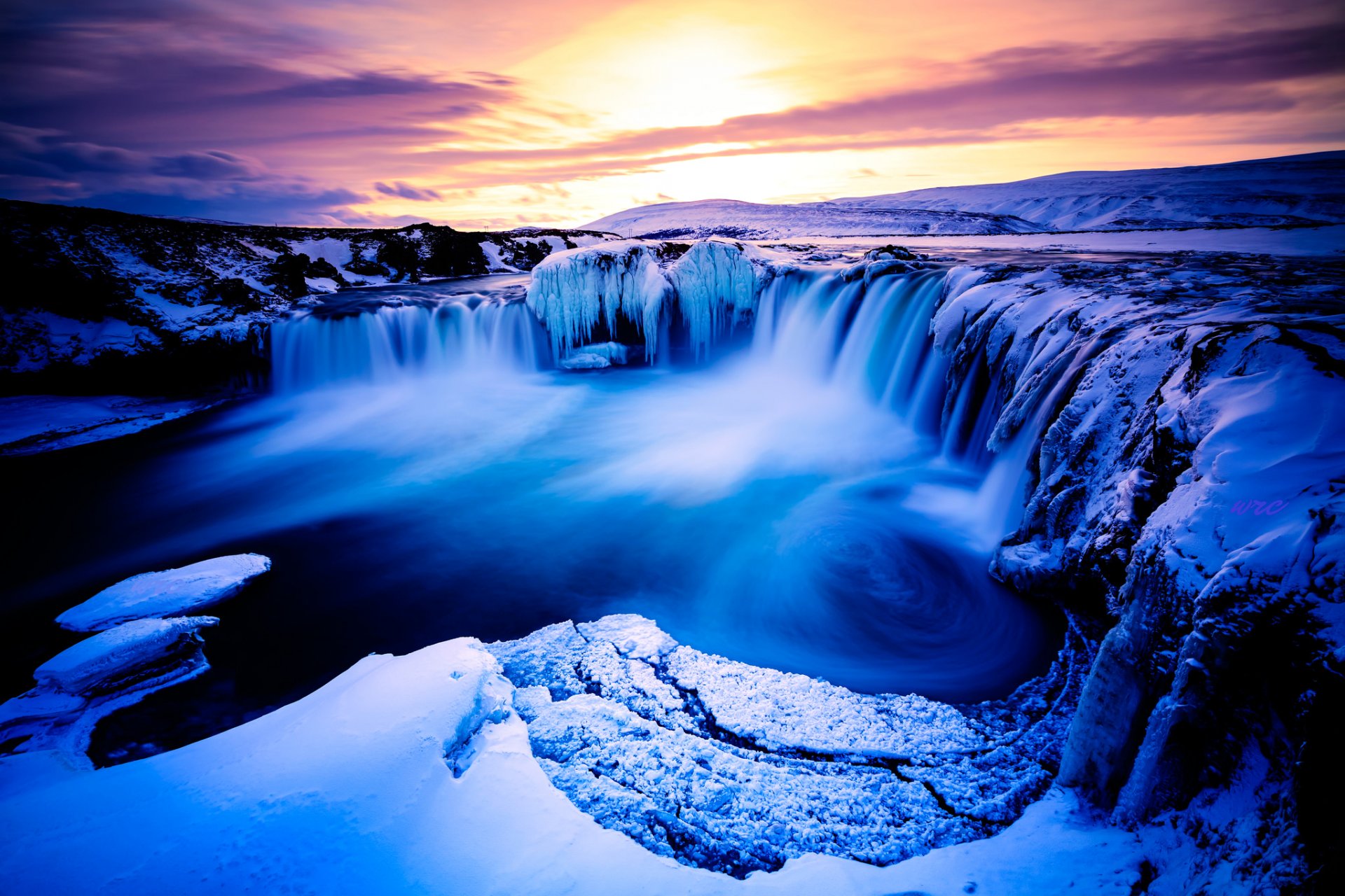 noche nubes río montañas invierno cascada nieve hielo