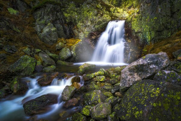 L eau coule bruyamment sur les rochers