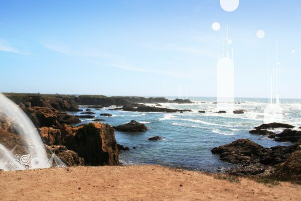 Rocky shore in the bright sun