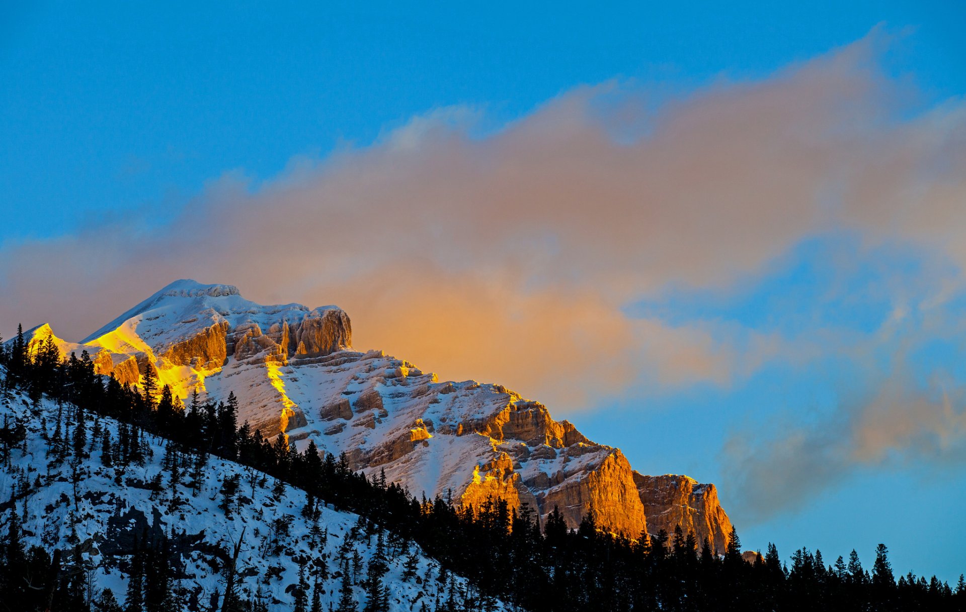 himmel berg rock hang bäume winter schnee sonnenuntergang