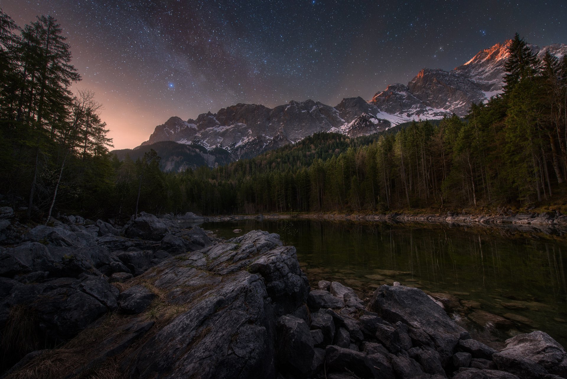 night morning sky star mountain forest lake stones rock