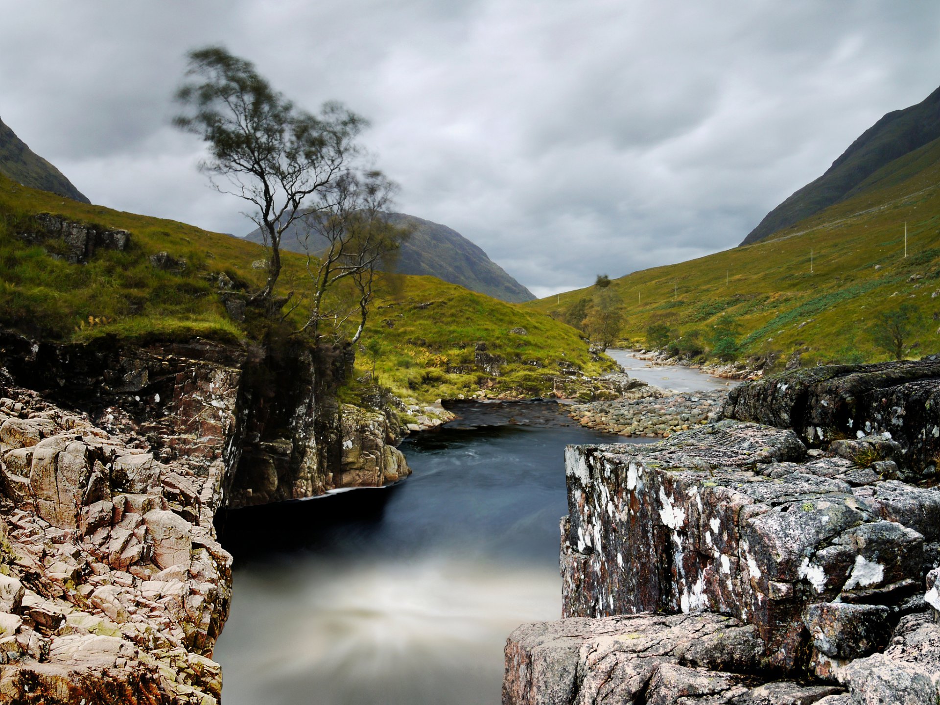 mountain river stones tree