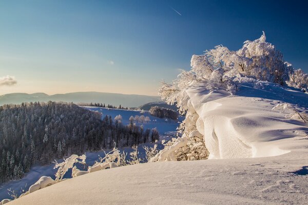 Snow-covered winter mountains and trees