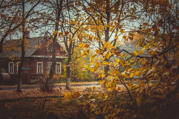 Ein Haus im Herbst in Russland im Dorf