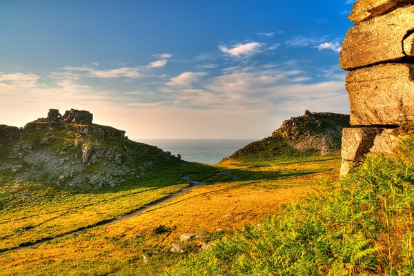 Landscape with rocks, grass and the sea in the distance