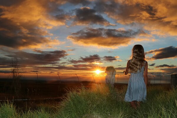 Fille près de la clôture en regardant le coucher du soleil